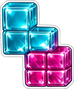 Glossy cyan and magenta gem-block cluster game piece