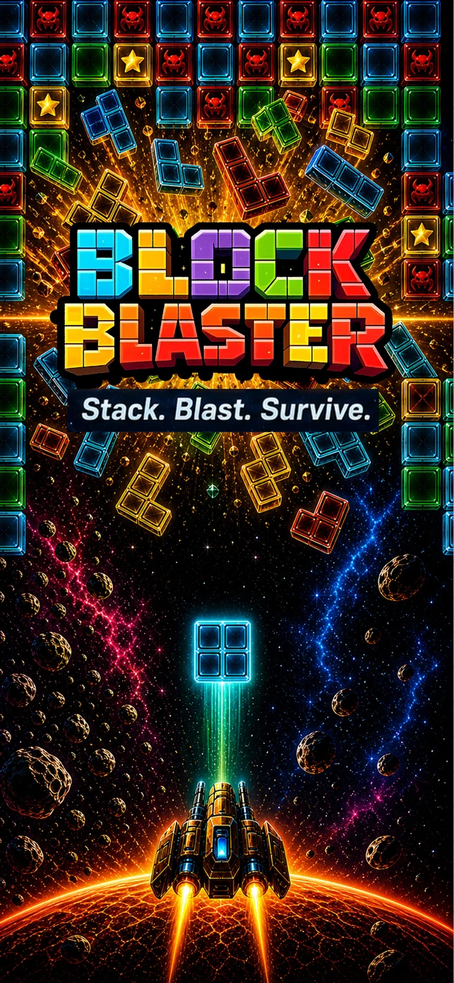 Block Blaster title screen — Stack. Blast. Survive. — a spaceship fires a glowing block up into a wall of colorful gem blocks and falling pieces