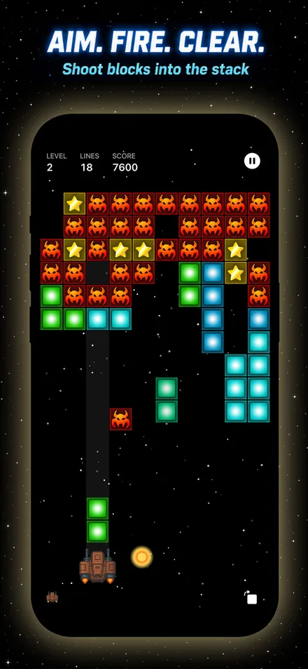 Gameplay under the headline Aim. Fire. Clear. — the ship at the bottom fires into a stack of red demon blocks, stars and glowing tiles, with level, lines and score at the top