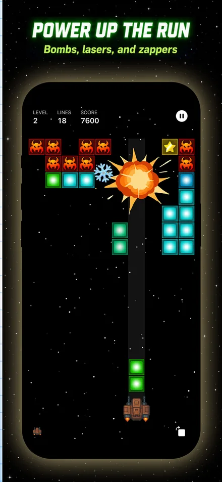 Power up the run — an explosion blasts through the block stack beside a freeze snowflake power-up while the ship fires from the bottom of the board